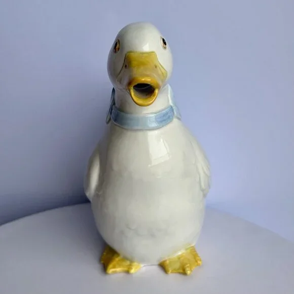 Fitz and Floyd White Goose Pitcher Blue Ribbon Handle Vintage Kitchenware - Picture 2 of 12